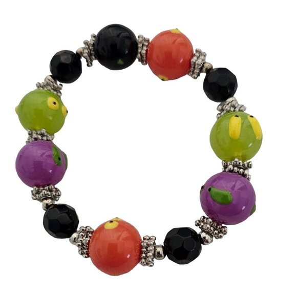 Colorful Beaded Stretch Bracelet With Black Green Purple & Orange Beads - Picture 1 of 6